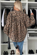 Load image into Gallery viewer, Rose Red Oversized Leopard Print Balloon Sleeve Casual Shirt - Fashion Queen
