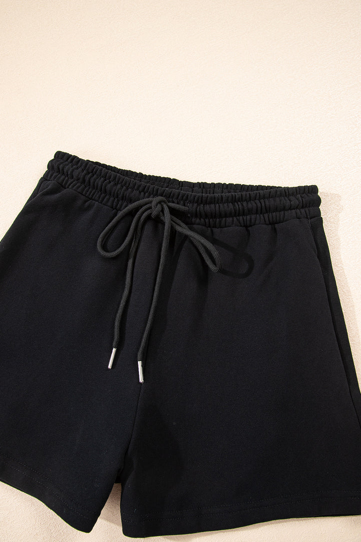 Black Button Drawstring Hooded Pullover and Casual Short Set