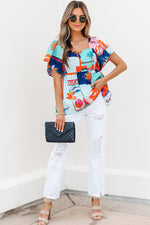Load image into Gallery viewer, Sky Blue Tropical Printed Square Neck Flutter Sleeve Babydoll Blouse
