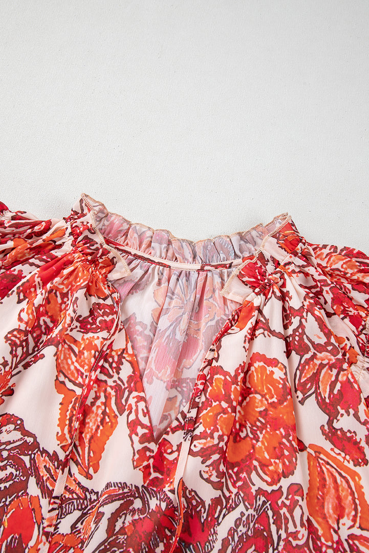 Red Vintage Floral Ruffle Sleeve V Neck Blouse