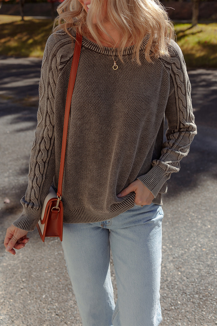 Dark Brown Contrast Cable Knit Sleeve Casual Sweater - Fashion Queen -  6