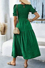 Load image into Gallery viewer, Sail Blue Solid Textured Smocked Puff Short Sleeve High Waist Long Dress - Fashion Queen -  8
