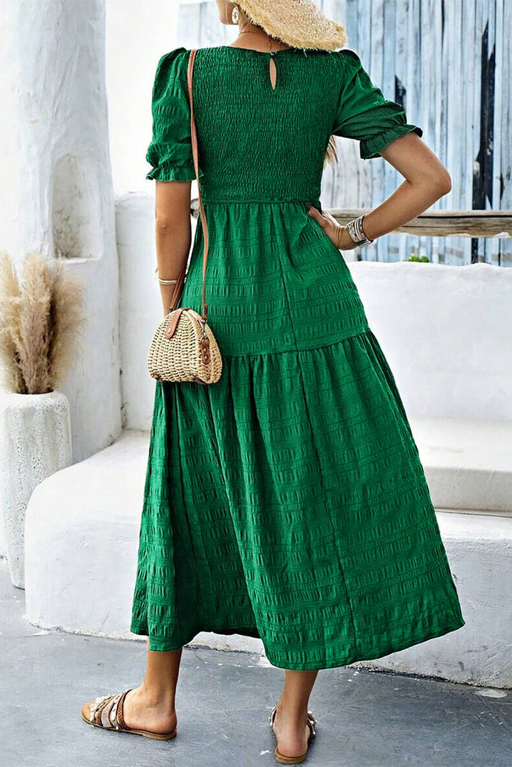 Sail Blue Solid Textured Smocked Puff Short Sleeve High Waist Long Dress - Fashion Queen -  8