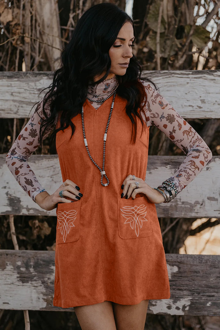 Gold Flame Corduroy Western Embroidered Patched Pocket Shift Sleeveless Mini Dress - Fashion Queen -  4
