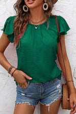 Load image into Gallery viewer, Blackish Green Flounce Sleeve Pleated Textured Blouse
