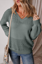 Load image into Gallery viewer, Black Eyelet Pattern Detail V Neck Drop Shoulder Sweater - Fashion Queen
