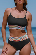 Load image into Gallery viewer, Black Striped Patchwork Spaghetti Strap High Waist Bikini Swimsuit - Fashion Queen -  16
