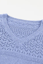 Load image into Gallery viewer, Black Eyelet Pattern Detail V Neck Drop Shoulder Sweater - Fashion Queen
