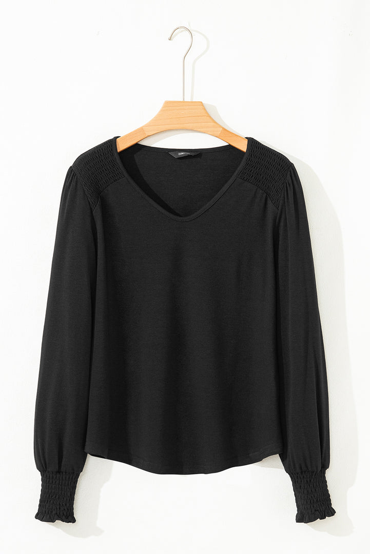 Black Shirred Shoulder Frilled Cuffs Long Sleeve Top