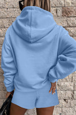 Load image into Gallery viewer, Light Blue Button Drawstring Hooded Pullover and Casual Short Set
