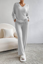 Load image into Gallery viewer, Black Ribbed Knit V Neck Slouchy Two-piece Outfit - Fashion Queen
