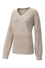 Load image into Gallery viewer, Black Eyelet Pattern Detail V Neck Drop Shoulder Sweater - Fashion Queen
