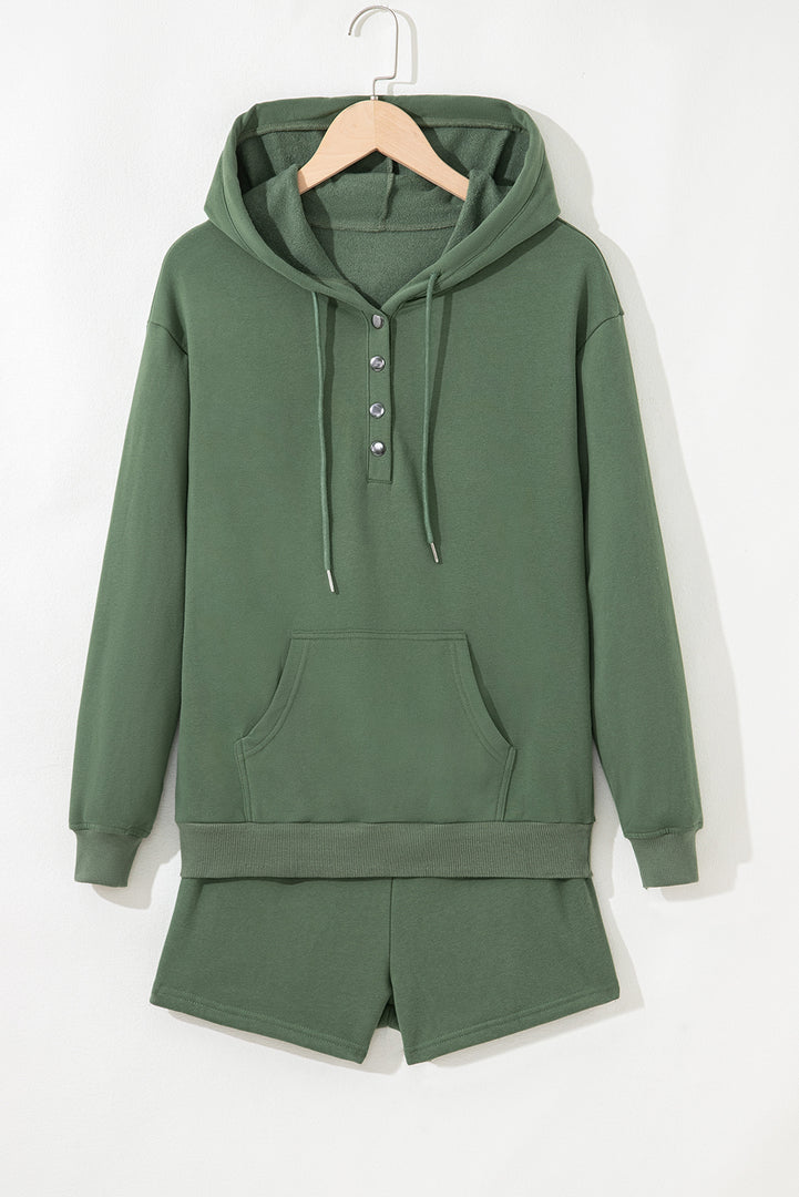 Black Button Drawstring Hooded Pullover and Casual Short Set