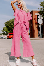 Load image into Gallery viewer, Black Textured Loose Fit T Shirt and Drawstring Pants Set
