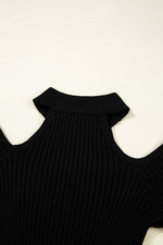 Load image into Gallery viewer, Black Ribbed Knit Cold Shoulder Choker Neck Sweater - Fashion Queen -  7
