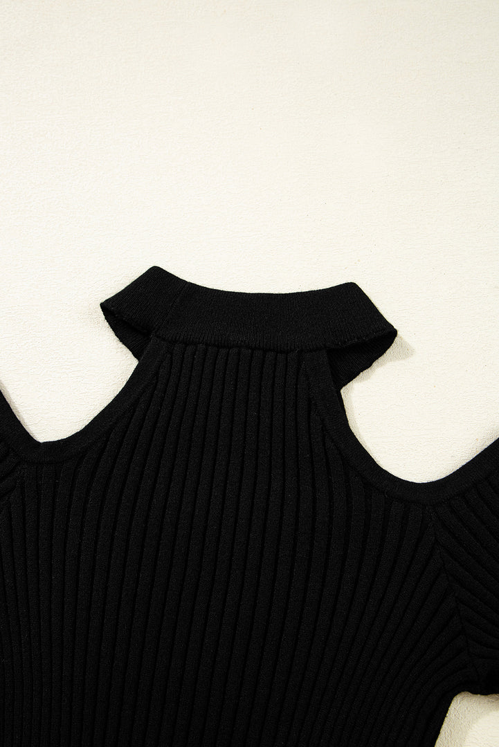 Black Ribbed Knit Cold Shoulder Choker Neck Sweater - Fashion Queen -  7