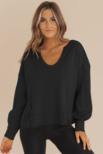 Load image into Gallery viewer, Casual Waffle Knit Notched V Neck Drop Shoulder Solid Sweatshirt
