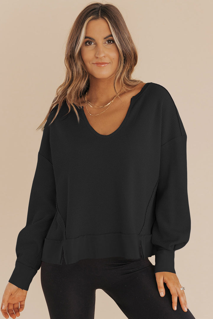 Casual Waffle Knit Notched V Neck Drop Shoulder Solid Sweatshirt