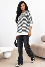 Load image into Gallery viewer, Black Stripe Raglan Sleeve Side Slits Loose Sweatshirt
