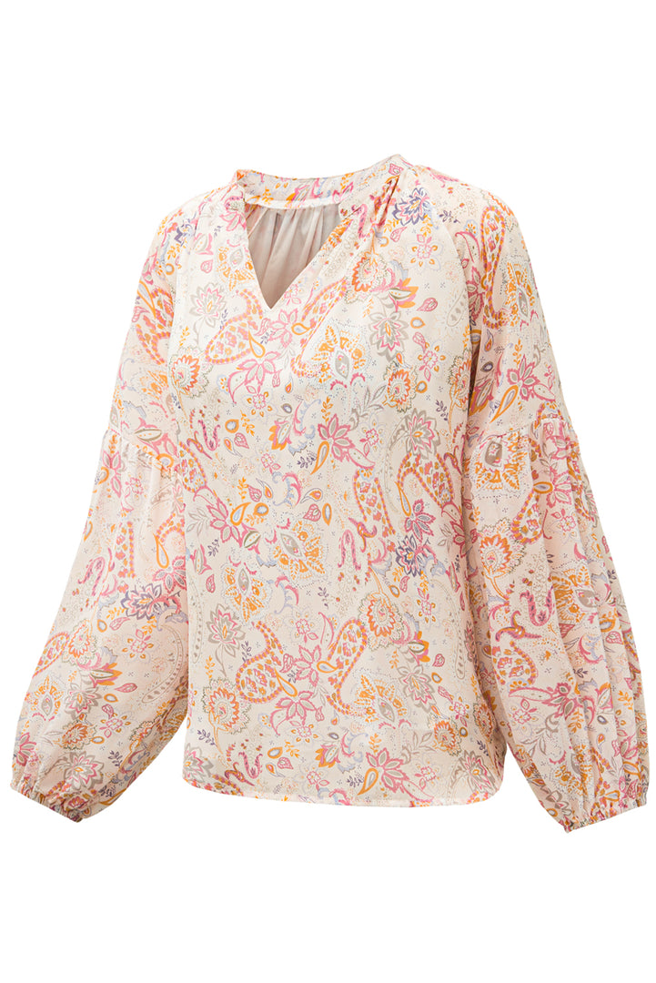 Fiery Red White Floral Print V Neck Long Puff Sleeve Top - Fashion Queen -  22