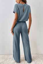 Load image into Gallery viewer, Mist Green Ribbed Keyhole Short Sleeve Wide Leg Jumpsuit - Fashion Queen -  12
