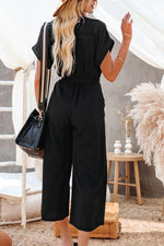 Load image into Gallery viewer, Black Dolman Button Belted V Neck Wide Leg Pocketed Jumpsuit
