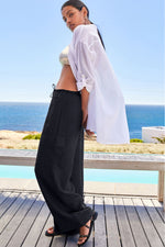 Load image into Gallery viewer, Black Drawstring Frilled Waist Wide Leg Utility Trousers
