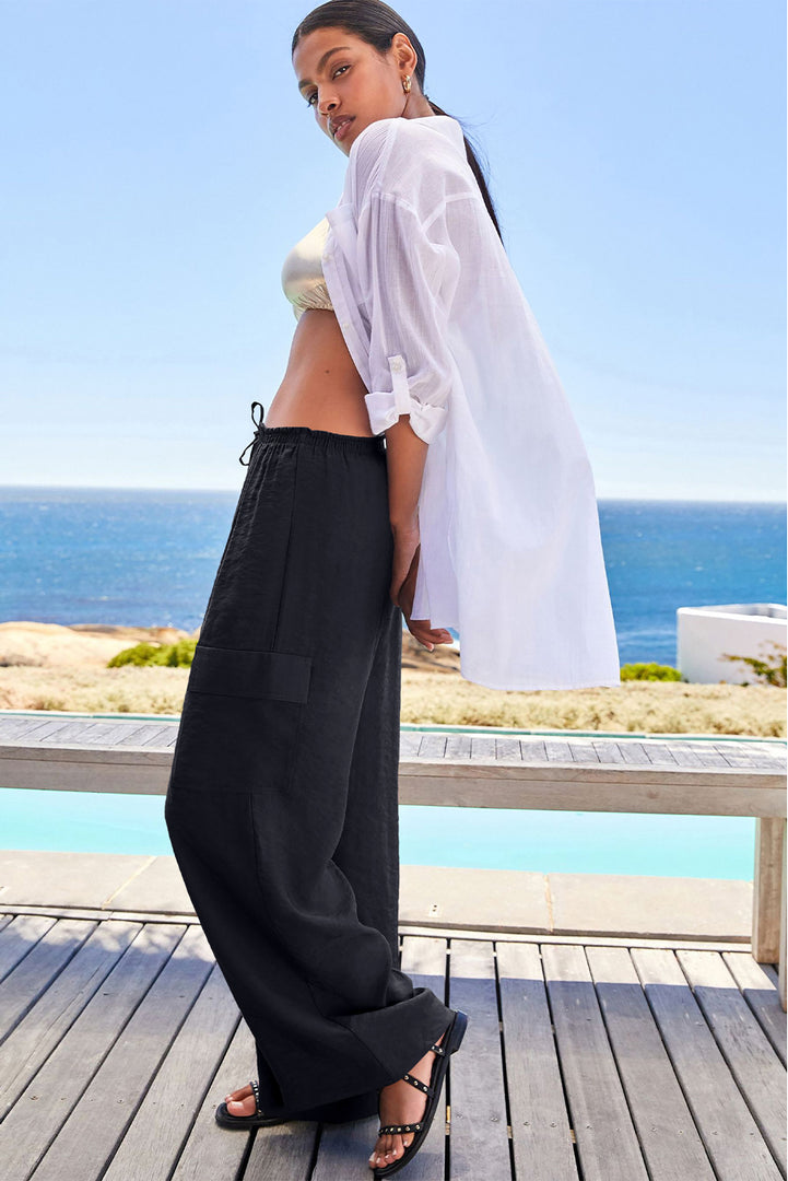 Black Drawstring Frilled Waist Wide Leg Utility Trousers
