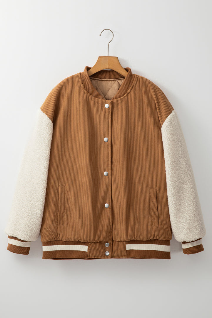 Mist Green Corduroy Fleece Patchwork Buttoned Bomber Jacket