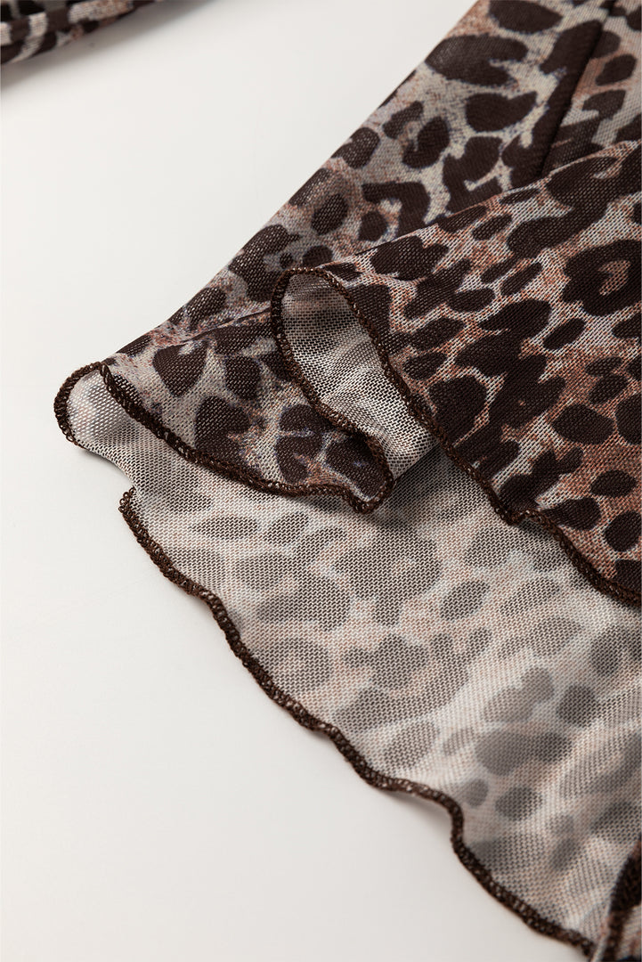 Multicolour Leopard Sheer Mesh Long Sleeve V Neck Lace-up Blouse - Fashion Queen -  13