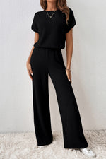 Load image into Gallery viewer, Black Ribbed Keyhole Short Sleeve Wide Leg Jumpsuit - Fashion Queen -  3
