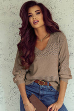 Load image into Gallery viewer, Black Eyelet Pattern Detail V Neck Drop Shoulder Sweater - Fashion Queen
