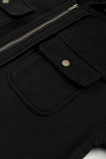 Load image into Gallery viewer, Black Flap Pocket Drawstring Hood Zip Up Jacket
