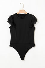 Load image into Gallery viewer, Black Solid Ruffled Mesh Patchwork Sleeve Bodysuit
