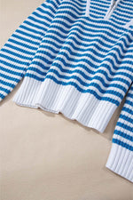 Load image into Gallery viewer, Pink Stripe Zip up Collar Drop Shoulder Sweater - Fashion Queen

