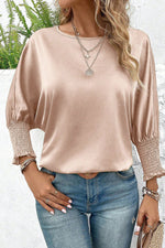 Load image into Gallery viewer, Smoke Gray Shirred Dolman Sleeve Satin Blouse
