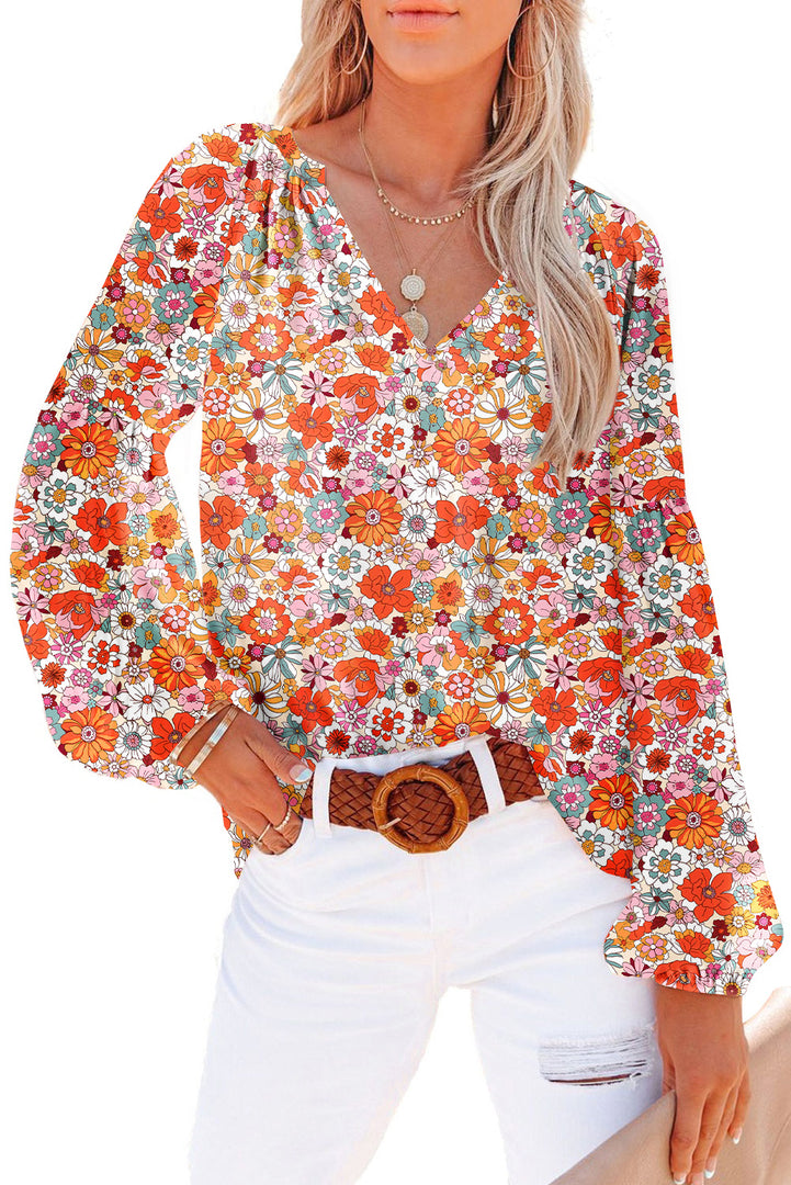 Fiery Red White Floral Print V Neck Long Puff Sleeve Top - Fashion Queen -  17