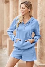 Load image into Gallery viewer, Light Blue Button Drawstring Hooded Pullover and Casual Short Set
