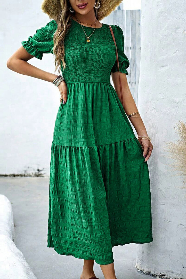 Sail Blue Solid Textured Smocked Puff Short Sleeve High Waist Long Dress - Fashion Queen -  9