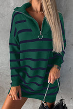 Load image into Gallery viewer, Blue Striped O-ring Zip Collared Loose Sweater Mini Dress - Fashion Queen -  27
