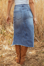 Load image into Gallery viewer, Myosotis Irregular Distressed Bottom Denim Midi Skirt
