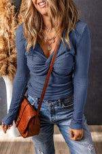 Load image into Gallery viewer, Sky Blue Textured Twist Front V Neck Long Sleeve Slim Solid Color Top - Fashion Queen -  1
