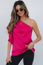 Load image into Gallery viewer, Strawberry Pink Asymmetric Shoulder Ruffle Sleeve Elegant Blouse

