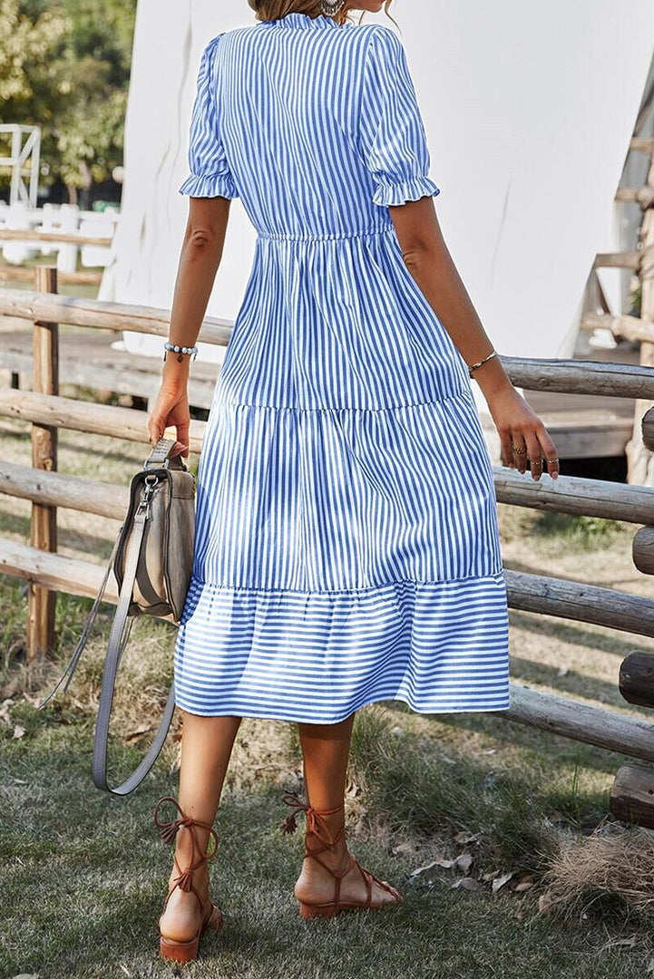Sky Blue Stripe Button Tassel Tie Detail Frilled Short Sleeve Flared Midi Dress - Fashion Queen -  2
