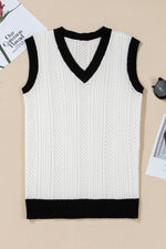 Load image into Gallery viewer, White Contrast Trim Eyelet Knit Colorblock V Neck Sweater Vest
