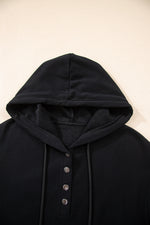 Load image into Gallery viewer, Black Button Drawstring Hooded Pullover and Casual Short Set
