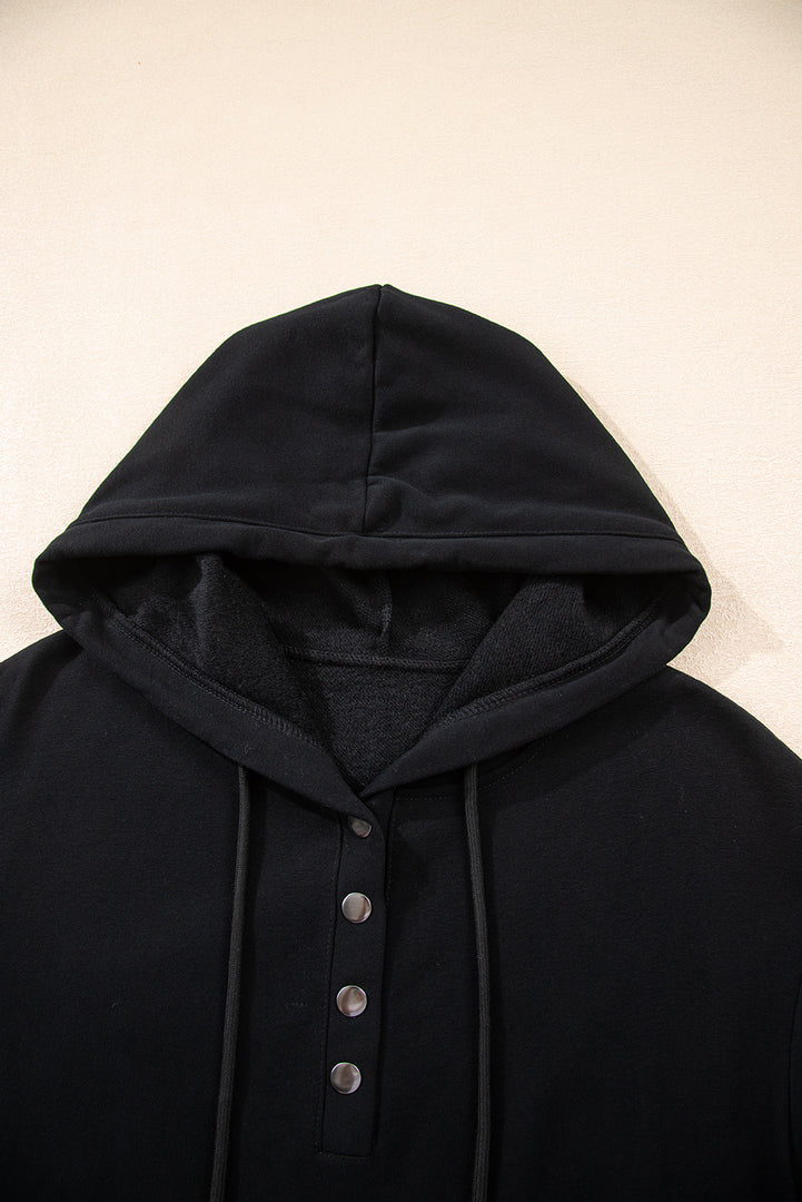 Black Button Drawstring Hooded Pullover and Casual Short Set
