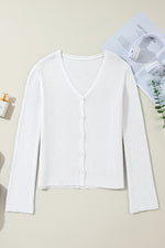 Load image into Gallery viewer, White Lightweight Ribbed Knit Button Front V Neck Cardigan
