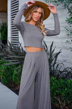 Load image into Gallery viewer, Black Solid Color Ribbed Crop Top Long Pants Set - Fashion Queen
