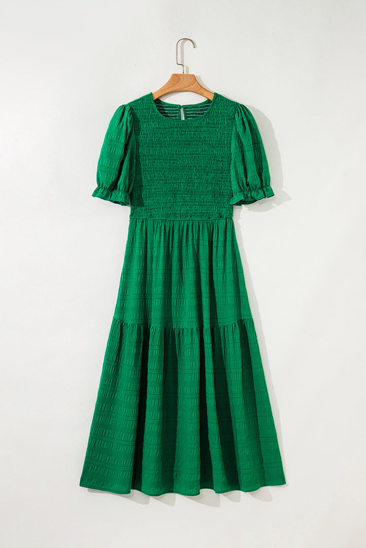 Sail Blue Solid Textured Smocked Puff Short Sleeve High Waist Long Dress - Fashion Queen -  13